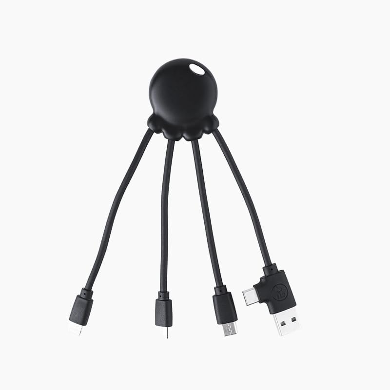 Xoopar 4-in-1 Multi USB Octopus Cable – Universal Charger with USB-C, Lightning & Micro USB – Made from Ocean Recycled Plastic – OBP Black | 4-in-1 ocean recycled plastic octopus: USB, USB-C, Lightning and Micro USB for all your devices - color: Black