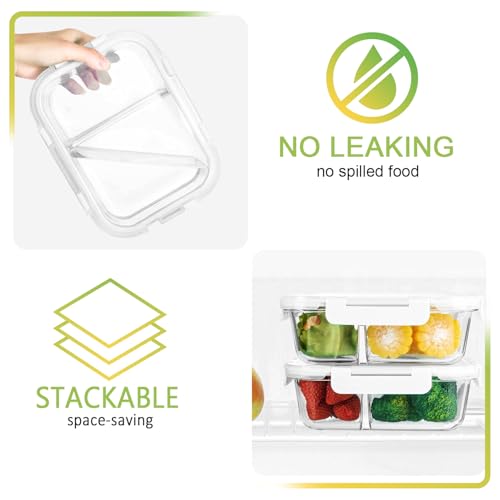 M MCIRCO 5 Pack,36 oz, 2 Compartments Glass Meal Prep Containers with Lids | Divided Glass Food Storage Containers, Portion Control Lunch Containers, Microwave, Oven, Freezer, Dishwasher, White - color: White