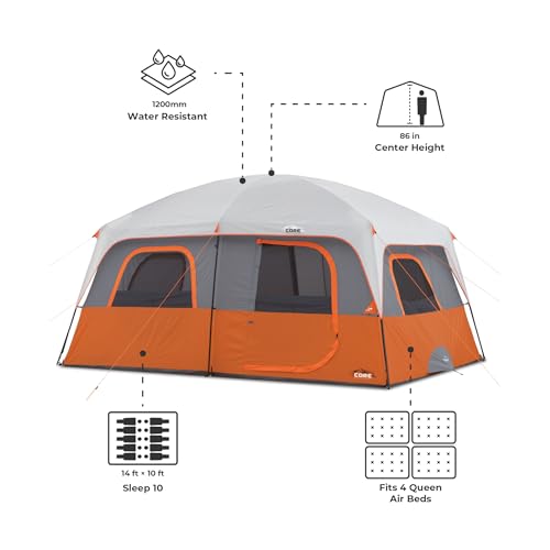 CORE Tent for Family Camping | 10 Person / 11 Person / 12 Person Large Multi Room Cabin Tents for Car Camping & Outdoor Adventures - size: 10 Person