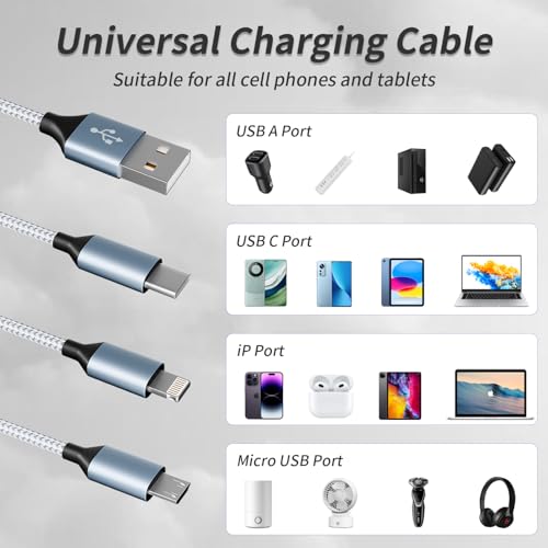 Multi Charging Cable(3Pack 4FT), 3 in 1 Charging Cord for Multiple Devices | Nylon Braided Multiple Charger Cord, USB Cable Universal Charger with Type-C, Micro USB and IP Port for Cell Phones and More - color: Gray White, size: 3Pack 4 ft