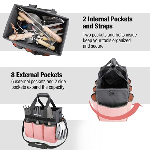 WORKPRO Garden Tool Bag, 10 Pockets and Shoulder Strap, Pink | Heavy Duty Gardening Organizer Tote Bag Standable Garden Home Tool Kits Organizer (Tools are not Included) - color: Pink