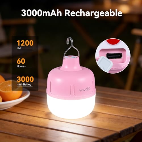 VAVOFO 20W LED Camping Lantern Rechargeable, 1200LM Camping Light, 3000mAh Portable Tent Light , IP65 Waterproof Flashlight Lanterns for Emergencies ,Power Outages,Hiking (Pink) - color: Pink