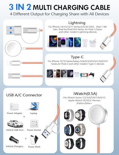 2Pack Travel Essentials for Apple Watch Charger,3-in-2 Multi Charging Cable | Cruise Vacation Camping Essentials for iPhone Charger,Type C/Lightning for iWatch,iPhone 17-12,Xbox Series X&S-4FT Gray - color: Orange, size: 2Pack-4FT