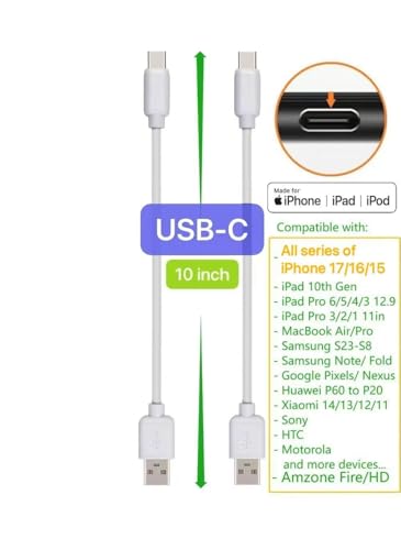10-Pack Multi Short USB Cables & TypeC-C Cables for Charging Stations Compatible/w iPhone17,16,15, iPhone5-14/ iPads/iPad mini/iPad Pros/Samsung Moblies & Tablets/Pixel & Nexus/HTC/Sony(White) - color: White