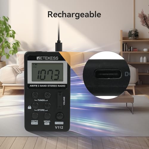 Retekess V112 AM FM Pocket Radio, Digital Radio with Earphone(Black) | for Walking, Jogging, Training,Rechargeable Battery, LCD Display - color: Black