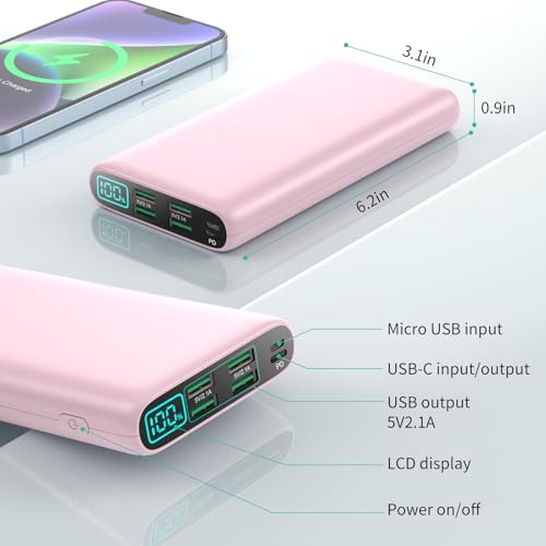 Portable Charger 38800mAh,LCD Display Power Bank,5 USB Outputs Battery Pack Backup, USB-C 3A in&out Travel Essential Portable Phone Charger For iPhone 17/16/15/14/13 Pro/12,Android Samsung Galaxy-Pink - color: Pink