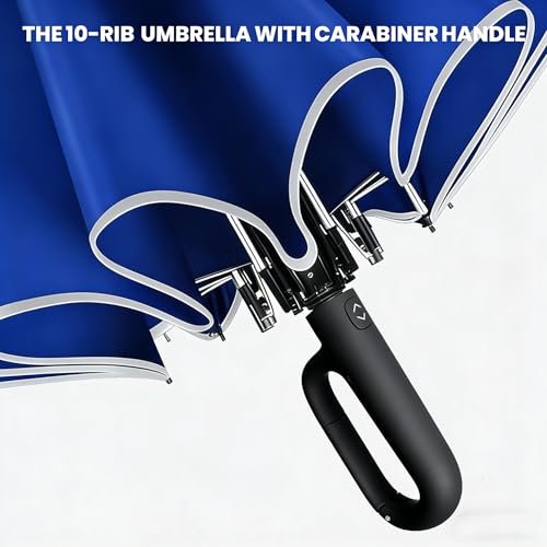 SIEPASA Travel Umbrella with Carabiner Handle - Windproof 10 Ribs Auto Open/Close for Rain & Sun Protection, Compact Portable Clip-on Backpack Design with Safety Reflective Strip. - color: Royal Blue