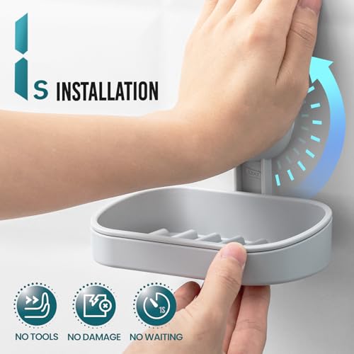 TAILI Soap Holder, Soap Dish Suction Cup with Hooks, Stainless Steel (Grey) - color: Grey