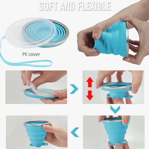 JBER Silicone Collapsible Travel Cup, 4 Pack Silicone Folding Camping Cup with Lids Expandable Drinking Cup Set BPA Free Reusable Portable Graduated for Outdoor Hiking Travel - color: 4 Pack-Blue