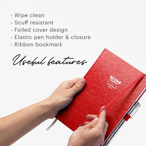 Stone Journal Explorer Notebook – A5 Waterproof Paper Field Journal, Vegan Leather Hardcover, 144 Pages Alternating Ruled & Dot Grid, Back Pocket, Weather-Resistant (Red) - color: Red