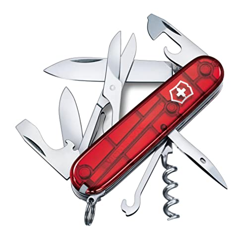 Victorinox Climber Swiss Army, 14-Function Pocket Knife, Red Transparent | Swiss-made pocket knife, durable construction, multifunction tool, camping and everyday use - color: Ruby