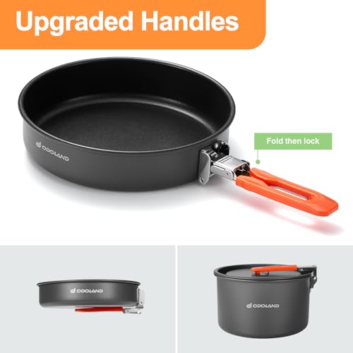 Odoland Camping Cookware Mess Kit, Camping Cooking Pot Fry Pan and 1.1L Kettle Set, Portable Camping Cookware Set with Mesh Bag for Camping, Backpacking, Outdoor Cooking and Picnic - size: 2.4L Pot + 1.2L Fry Pan + 1.6L Kettle