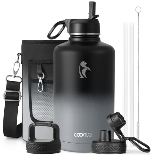 Coolflask 87 oz Insulated Water Bottle Stainless Steel with Straw & 3 Lids | 2/3 Gallon Large Water Jug, Triple-Wall Vacuum, Cold 48+h/Hot 24+h, Dishwasher Safe, BPA-Free, for Gym & Hiking - color: Piano Night, size: 87 Ounces