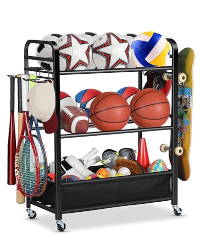 EXTCCT Ball Storage Sports Equipment Organizer - Garage Storage Cart Rolling Ball Storage Rack with Hooks Wheels Outdoor Indoor Gym Gear Toy Holder Bin for Basketball, Baseball, Soccer - color: Large Black