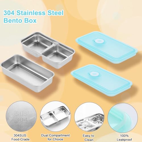 Grab and Go Snack Containers Stainless Steel, Reusable Snack Condiment Containers with Lids, Double &Single Compartment Food Lunch Meal Container Prep for Work & Trave, Dishwasher Safe, 4 PCS.