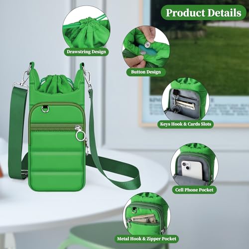 bvya Puffer Water Bottle Holder Quilted Sports Pouch Bag with Adjustable Shoulder Strap & Paracord Handle - color: Dark-green