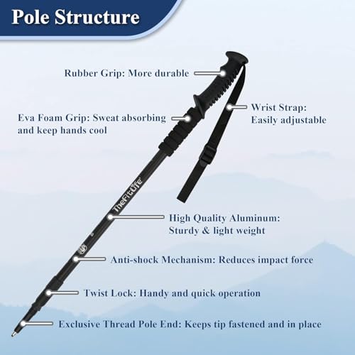 Telescopic Trekking Poles for Hiking, Anti-Shock Nordic Walking Sticks - color: Black