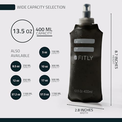 FITLY Soft Flask - Shrink As You Drink Soft Water Bottle for Hydration Pack - Folding Water Bottle Ideal for Running, Hiking, Cycling, Climbing & Rigorous Activity - color: Black, size: 13.5 Ounces