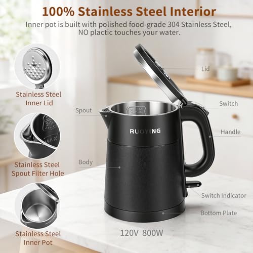 0.8L Portable Stainless Steel Travel Electric Kettle, Double Wall | Black, Small Capacity, Cool Touch Double Wall Stainless Steel, Fast Boil, Auto Shutoff & Boil Dry Safety, 2-Year Warranty - color: Black