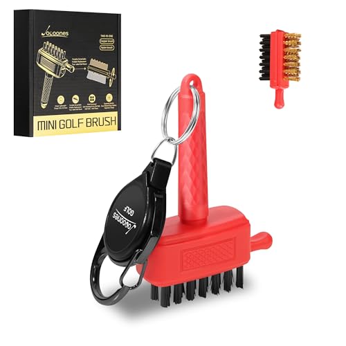 Red Mini Golf Brush, Dual-Sided Nylon Brass, Retractable Keychain | Pocket Size, Easy to Carry, Blue, Leaves No Trace, Golf Bag Accessory - color: Red