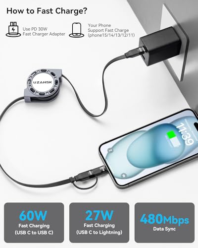 Multi Charging Cable, 2 in 1Retractable Multi Charging Cord | [60W 2Pack 1.2M] , USB C To Lightning/Type C Port Compatible with iPhone 17 16 15/Huawei/Samsung/Pixel/Sony/LG - size: 27W TO 60W:2PACK