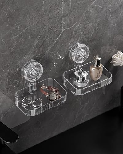 Soap Dish - Clear Suction Cup Soap Dish for Shower with Strong Suction & Reusable Adhesive NO-Drilling Self Draining Removable Waterproof Soap Sponge Holder for Shower Bathroom Bathtub Kitchen