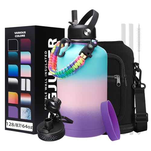 64OZ Insulated Water-Bottle with Paracord-Handle - Half Gallon Water Bottle Jug with Straw & Spout Lids, Bottle Sleeve & Boot, Keep Cold-48h Hot-24h for Fitness Camping Hunting, Hiking - color: Green Pink Purple Gradient, size: 64 Ounces