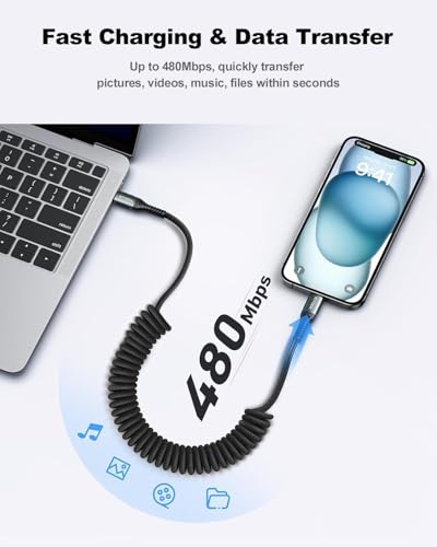 USB C Cable for Car 3FT/6FT, Coiled USB C to USB C Cable Fast Charging 66W | Braided USB Type C Charger Cord 3FT/6FT Compatible with iPhone 17 16 15 Pro Max, Samsung, Google Phones and More - color: Black, size: 3FT&6FT, style: USB C to USB C