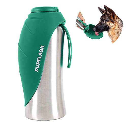PupFlask Large Dog Water Bottle, Portable Stainless Steel Travel Bowl - color: Quetzal Green, size: 27 Ounce