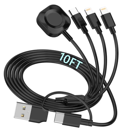 6in1 Multi Charging Cable for Apple Watch Charger, 10FT USB A/C Fast Charging Cord Cable Compatible with iWatch Ultra/SE/9/8/7/6/5/4/3 & iPhone 15/14/13/12/11/Galaxy, Black Universal Travel Charger - color: Black