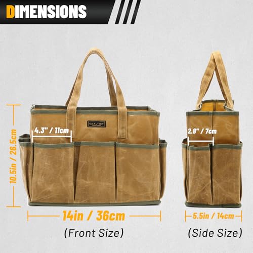 16OZ Waxed Canvas Tool Tote Bag | Large-Capacity Tool Storage Tote with 10 External Pockets | Multi-Purpose Garden Tool Carrier for Gardening, Wrench, and Carpentry Tools – Khaki - color: Khaki
