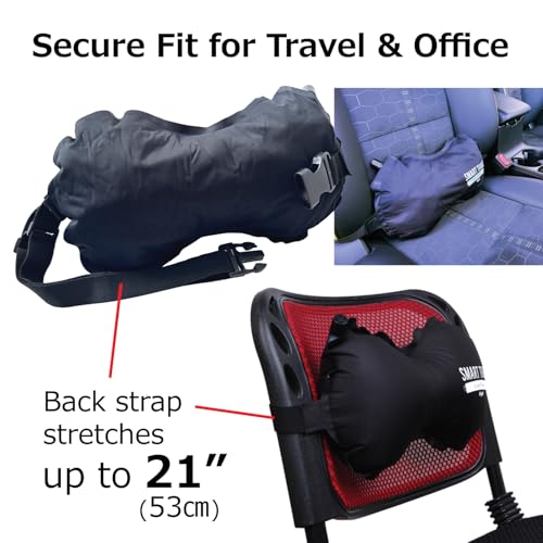 SmartTravel Inflatable Lumbar Support Travel Pillow for Airplane Seat | Adjustable back support cushion for long flights, office & car; eases lower back discomfort; self-inflates, packs small