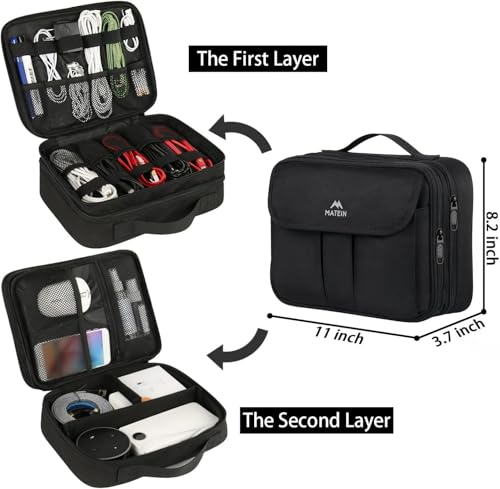 MATEIN Electronics Organizer, Waterproof Travel Electronic Case, Black | Portable Double Layer, Cable Storage Bag for Camera Accessories, Cord, Charger, Power Bank, Flash Drive, Phone, SD Card