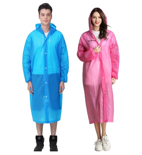 HLKZONE Raincoat, 2 Pack Rain Ponchos for Adults Travel Rain Jacket Packable Rain Coats for Women with Drawstring Hood - color: J-blue+pink