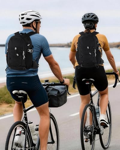 Small Cycling Backpack with Helmet Holder for Men Women, 15L Waterptoof Lightweight Hiking Backpack with Chest Strap & Waist Pocket for MTB Biking, Black