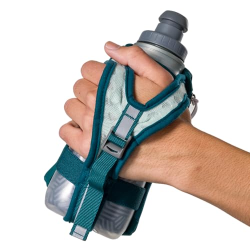 Nathan SpeedDraw 2 Insulated Handheld Running Water Bottle Flask – Double-Wall Insulation, Ergonomic Grip, Blast Valve Cap, Phone & Key Storage Pockets, Reflective Design, 12oz Insulated - Deep Teal - color: 12oz Insulated - Deep Teal