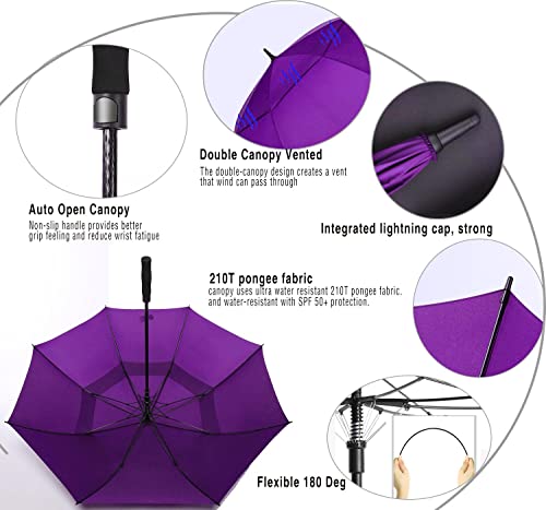 62/68/72 Inch Large Golf Umbrella Windproof Waterproof Auto Open | Oversized Double Canopy Vented, 210T Waterproof Pongee Fabric, Light Fiberglass Frame, Unique Red Foam Handle - color: Purple-Red Handle, size: 68"