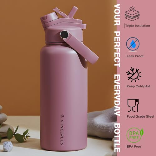 32oz Stainless Steel Water Bottle with 2 in 1 Lid | Triple Wall Vacuum Insulated Water Bottle| Leak-Proof, Carry Handle, Wide Mouth Travel Mug | BPA-Free for Kids & Adults (Dusty Pink, 32oz) - color: Dusty Pink, size: 32 Ounces