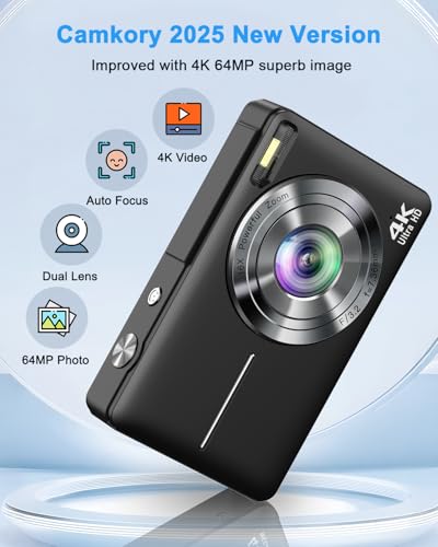4K Digital Camera with Selfie Lens 64MP Compact Camera with 32GB Card Black | Vlogging Camera with Flash,16X Zoom Easy for Beginner. 2 Batteries for Instant use. Ideal Birthday, Party & Travel - color: Black