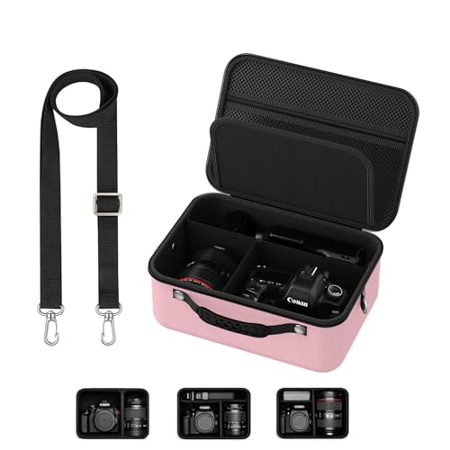 Hard Shell Camera Case Compatible with Canon EOS Rebel T7/R50/R100 and More DSLR & Mirrorless Cameras – Portable Travel Bag with Adjustable Dividers, Mesh Pocket & Shoulder Strap (Pink) - color: Pink