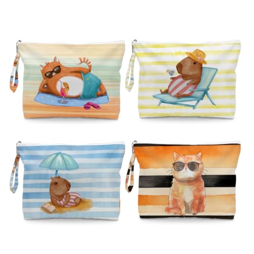 Fokongna Wet Bag, 4 Pack Flexible Roll Up Foldable Reusable Waterproof Dry Separation Pouch for Small Pocket Luggage Travel Gym Storage - color: Capybara & Cat 01