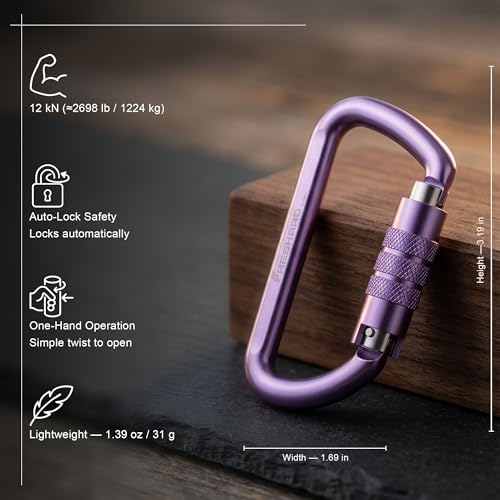 FresKaro 3inch 12kN-2698lbs Auto Locking Carabiner Clips, Solid D Shape, Heavy Duty 7075 Aluminum, Lightweight 1.09oz, Rust Proof, for Hammock, Hiking, Dog Leash, Keychain etc., Multi-Colors - color: Purple-3pcs