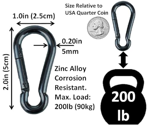 Black & Silver Zinc-Galvanized Heavy Duty Bushcraft Carabiner Spring Snap Clip Link Hooks 200-500lb Load 2, 6 & 12 Packs - color: 5cm (2.0in) Black 2 Pack