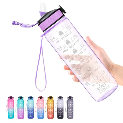 Hyeta Water Bottle with Straw & Time Marker, Plastic 32oz Leakproof - color: Clear Wisteria