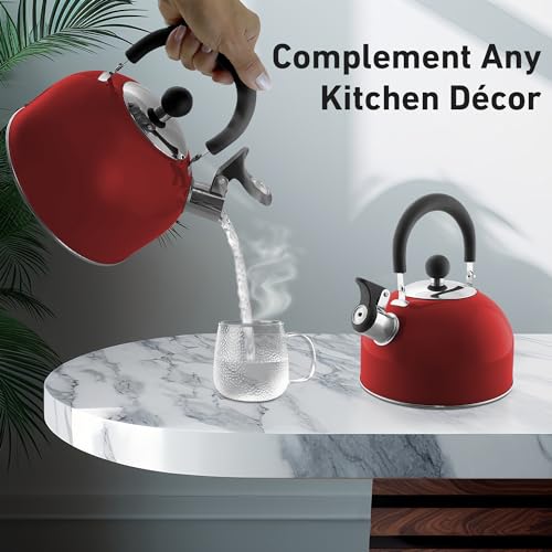 Lily's Home 2 Quart Stainless Steel Whistling Tea Kettle, the Perfect Stovetop Tea and Water Boilers for Your Home, Dorm, Condo or Apartment. Red - color: Red(2 Quarts)