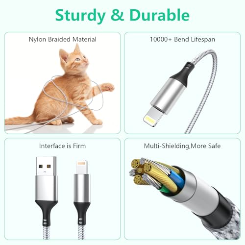 20FT Extra Long USB A to Lightning Charger Cable for iPhone,Apple MFi Certified Charger Cord, 6M Fast Charging Nylon Braided Charge Cord for iPhone 14 Pro Max/14/13Pro/12/11/X/XS/XR/8/7/6/iPad-Gray - color: Silver