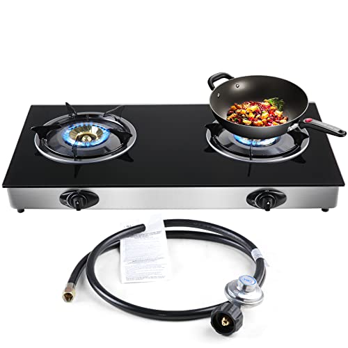 forimo Propane Gas Cooktop 2 Burners Gas Stove portable Tempered Glass Double Burners Stove Auto Ignition Camping Double Burner LPG for RV,Apartments,Outdoor - size: 2 Burners