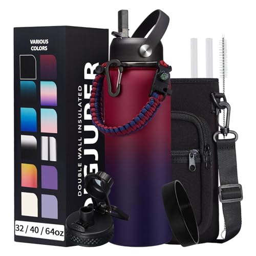 40OZ Stainless-steel Water-Bottle with Straw - Pop-up Spout & Straw Lids, Survival Paracord Handle, Storage Sleeve & Cup Mat, Leak Proof Reusable Insulated Men Women Water Jug for Gym Workout - color: Rose Purple Gradient, size: 40 Ounces