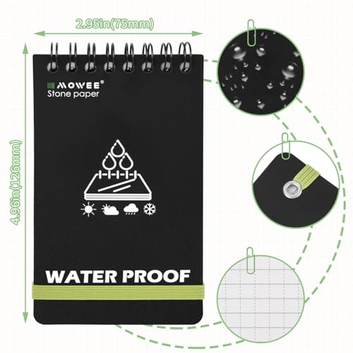 Waterproof Notebook set of 5，3 x 5 Stone Paper Pocket Notepads，Portable All Weather Notebooks for Indoor & Field Police Notepad w/3pcs Small Spiral Note book, Pen & Storage Bag (5pcs, Black) - size: 5Pack