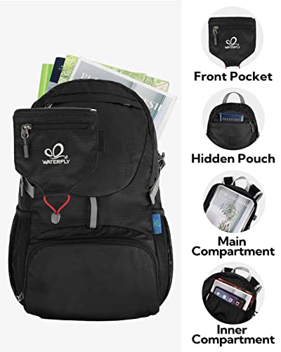 WATERFLY Small Lightweight Packable Backpack: 20l Hiking Daypack Man Woman | 20L,Recycled nylon material,Multi-compartment storage,Water-resistant,Everyday carry,Ultra Light Foldable Travel Day Pack - color: Black